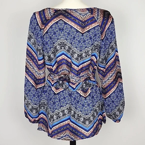 New Look Boho V Neck Long Sleeve Top Blue Red Grey Print Lightweight Size  M - Picture 3 of 11